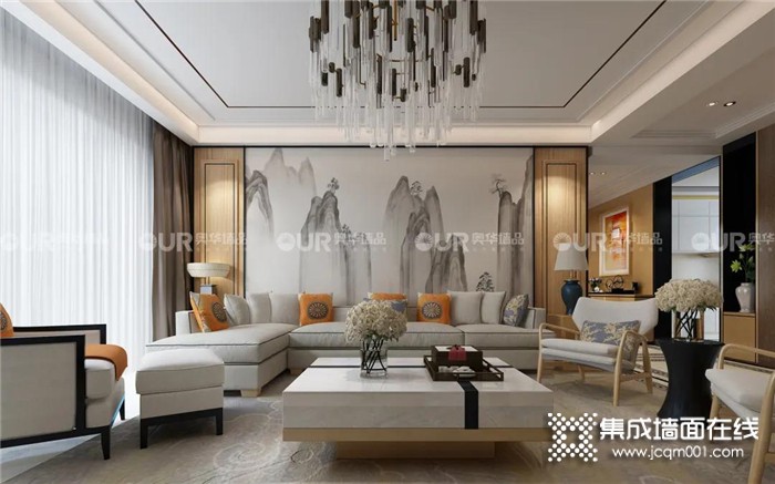 沙发背景墙不可忽略，选择奥华集成墙面，提升整体装饰品质，凸显居室格调