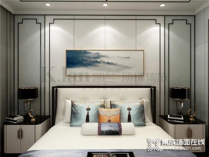 卧室装修选择凯兰新中式风格，营造出简洁大气又不失高压情调的居住氛围