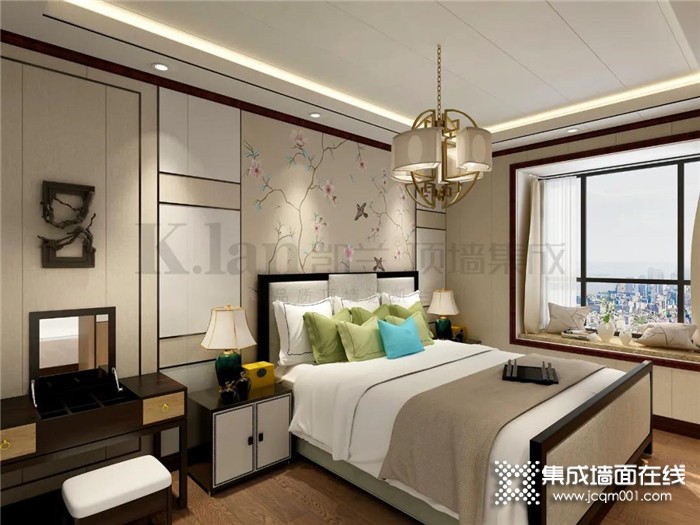 卧室装修选择凯兰新中式风格，营造出简洁大气又不失高压情调的居住氛围