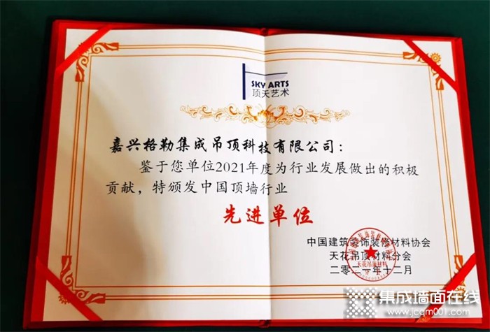 喜讯：格勒顶墙美装荣获中国顶墙行业先进单位奖！